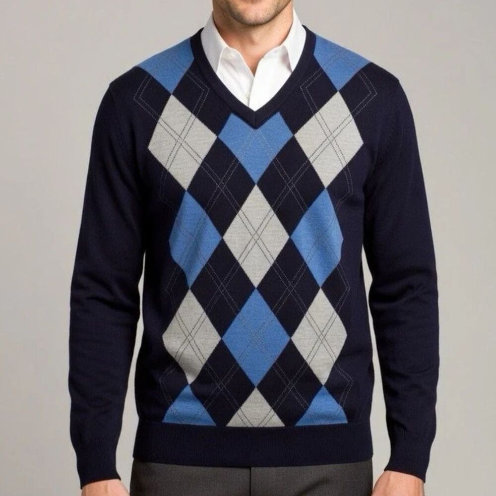 Banana Republic Sweater Mens Medium Merino Wool V-Neck Brown Argyle